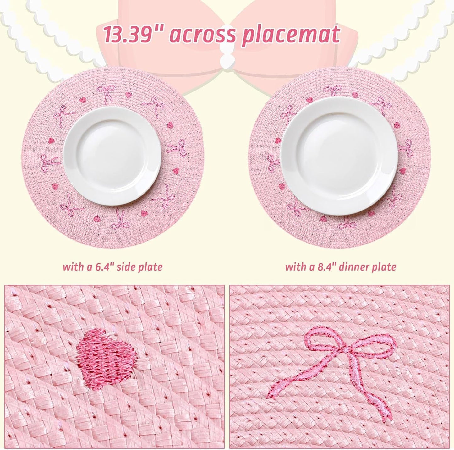 Whaline 4Pcs Round Placemats Pink Bow Embroidered Place Mats Coquette Bow Dinner Table Mats for Home Wedding Baby Shower Birthday Party Decor
