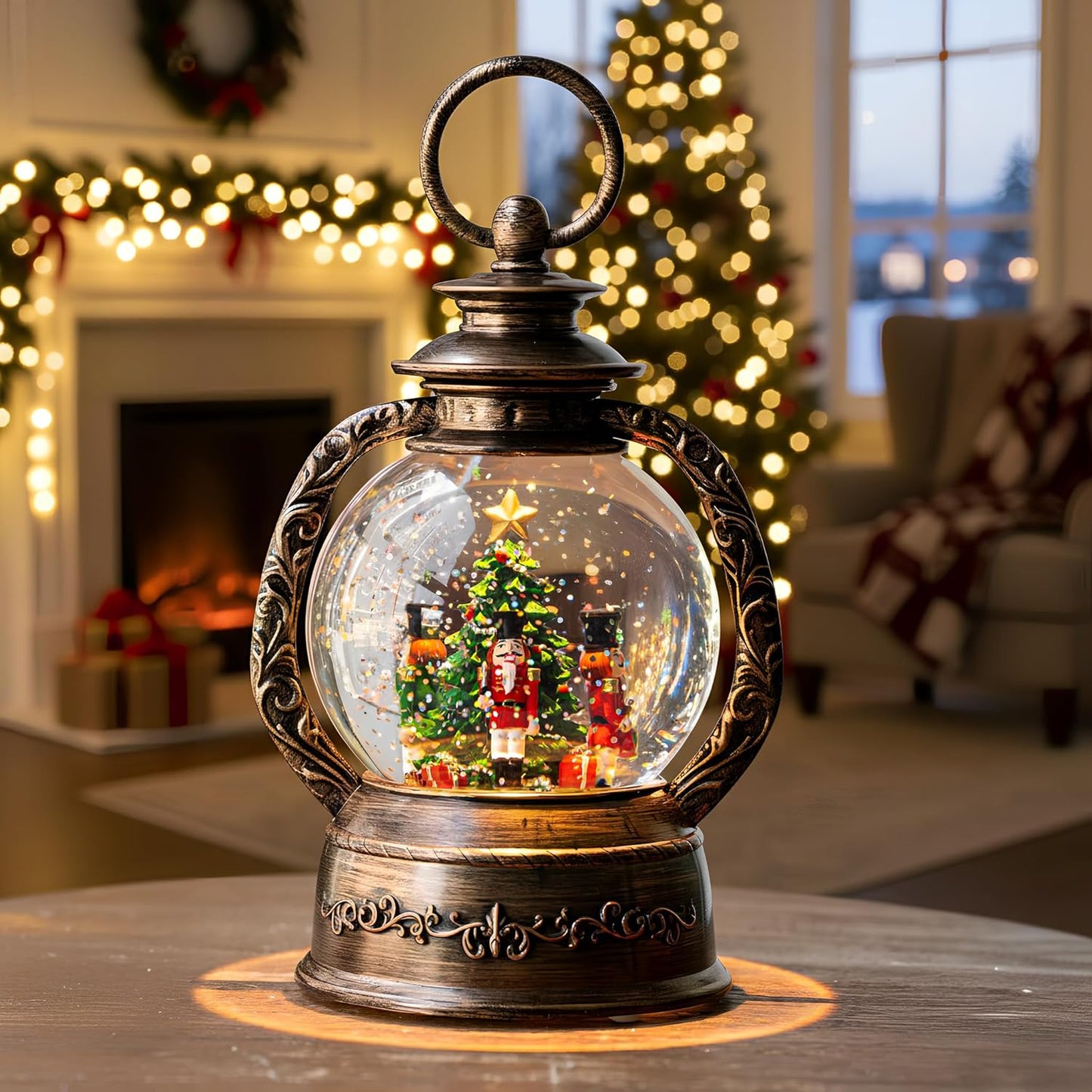 Christmas Snow Globe Lantern Water Glittering Nutcrackers with Music & Timer, USB Lined/Battery Operated Lighted Lantern for Christmas Festival Decoration Gifts