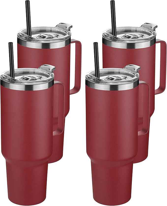 HASLE OUTFITTERS 40 oz Stainless Steel Tumbler with Handle, Vacuum Insulated Tumblers Bulk, Reusable Double Wall Travel Coffee Mug, Durable Powder Coated Water Bottles(Wine Red, 4)