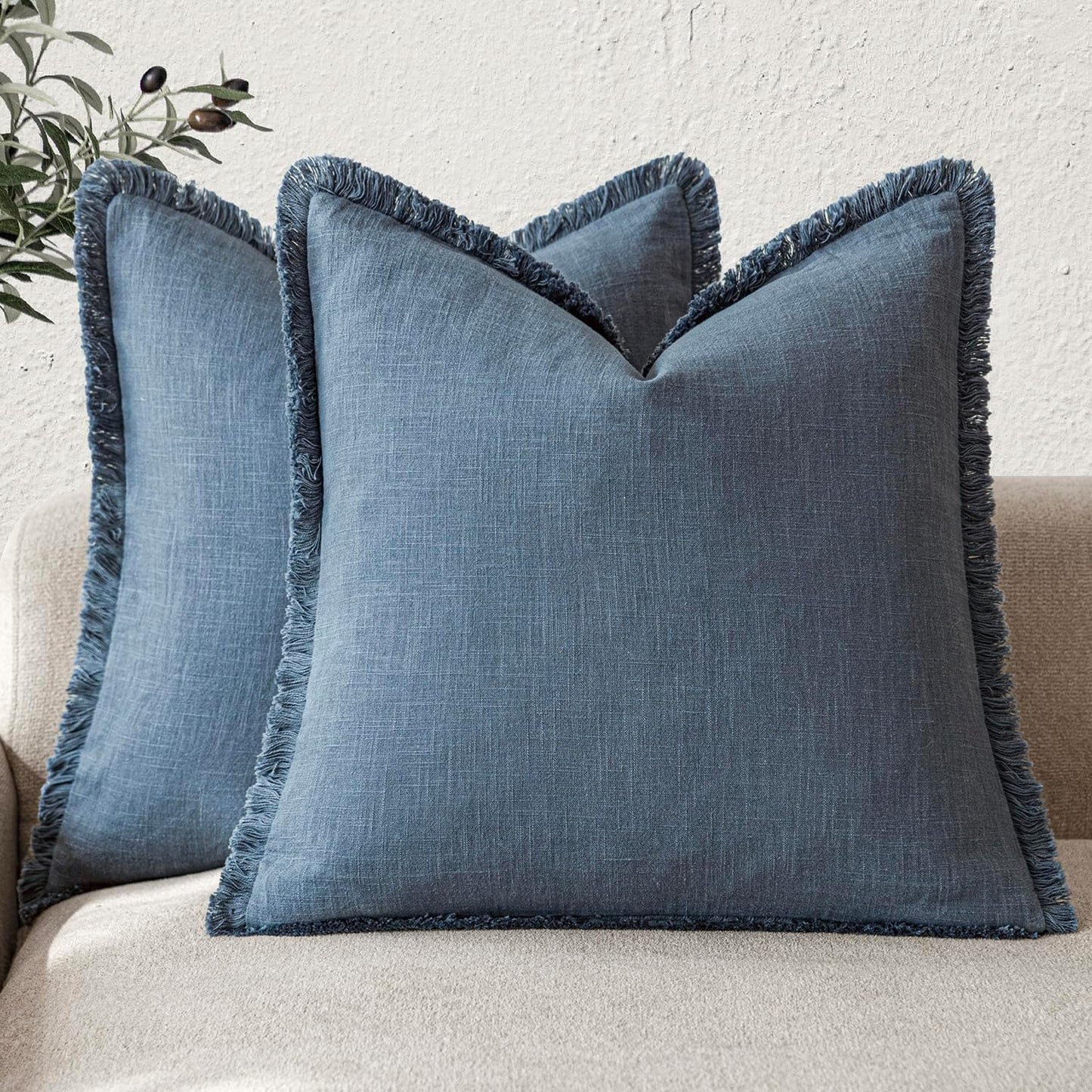 Foindtower Set of 2 Decorative Linen Fringe Throw Pillow Covers Cozy Boho Farmhouse Cushion Cover with Tassels Accent Pillowcase for Couch Sofa Bed Living Room Home Decor,26×26 Inch,Dark Blue