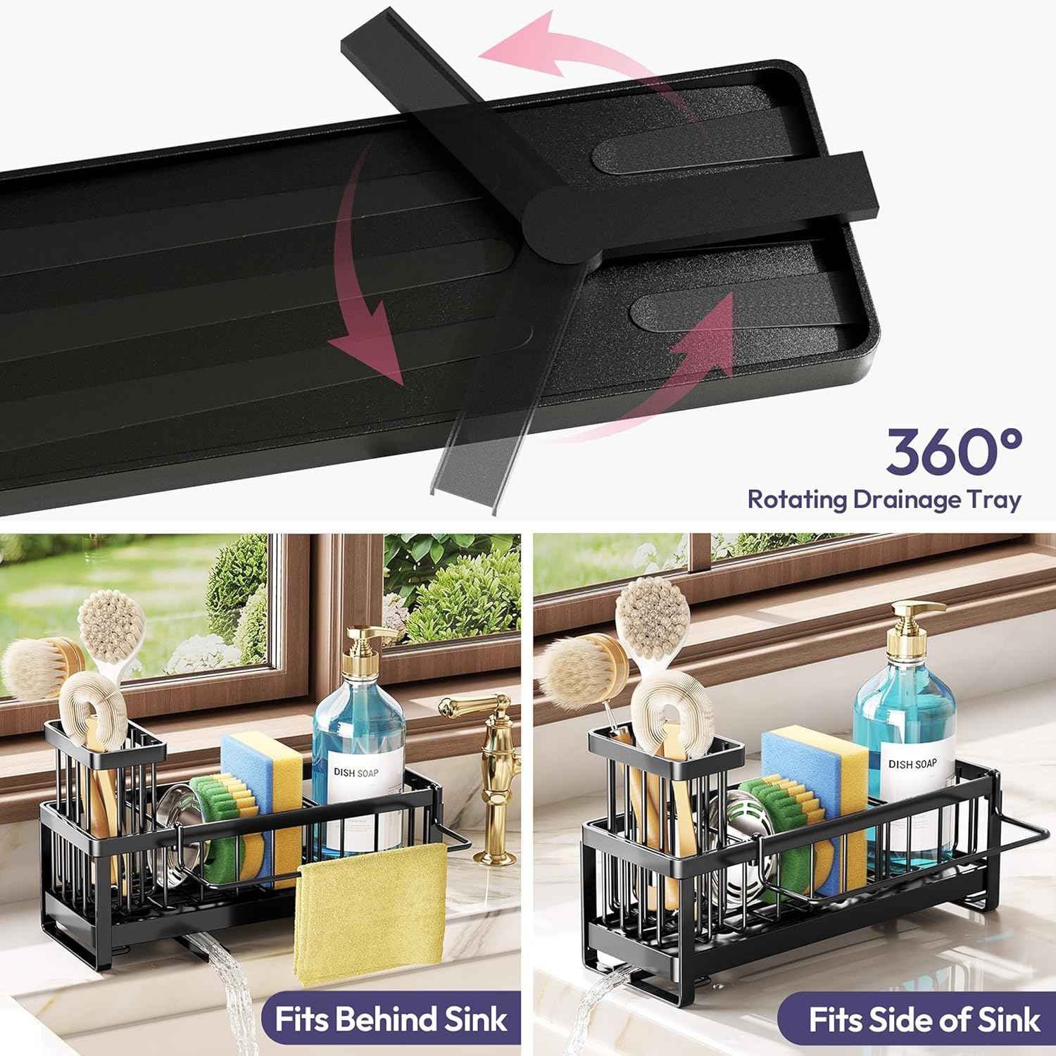 SWTYMIKI Sponge Holder for Kitchen Sink - Sink Caddy with Brush Holder Self-draining Sponge Caddy Organizer with Divider Stainless Steel Kitchen Accessories Storage for Countertop, Black