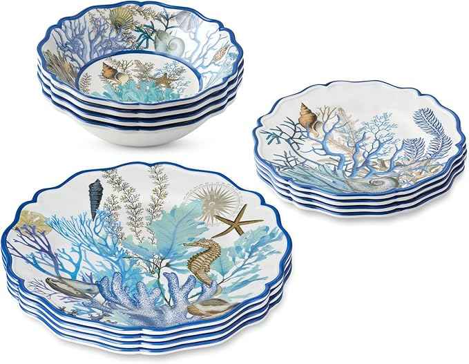 Blue Lagoon Melamine 12-Piece Dinnerware Set – Coastal Coral and Shell Design, Service for 4 – 11" Dinner Plates, 9" Salad Plates, and 28oz Bowls – Durable, Lightweight, BPA-Free, Dishwasher SafE