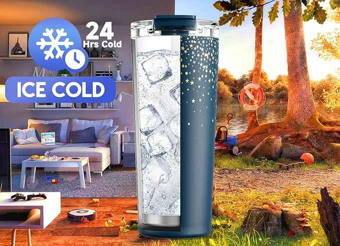 Meoky 24 oz Travel Coffee Mug with Leak-proof Lid, Stainless Steel Insulated Coffee Tumbler, Keeps Hot for 8 Hours or Cold for 24 Hours, Fits in Car Cup Holder (Midnight Galaxy)