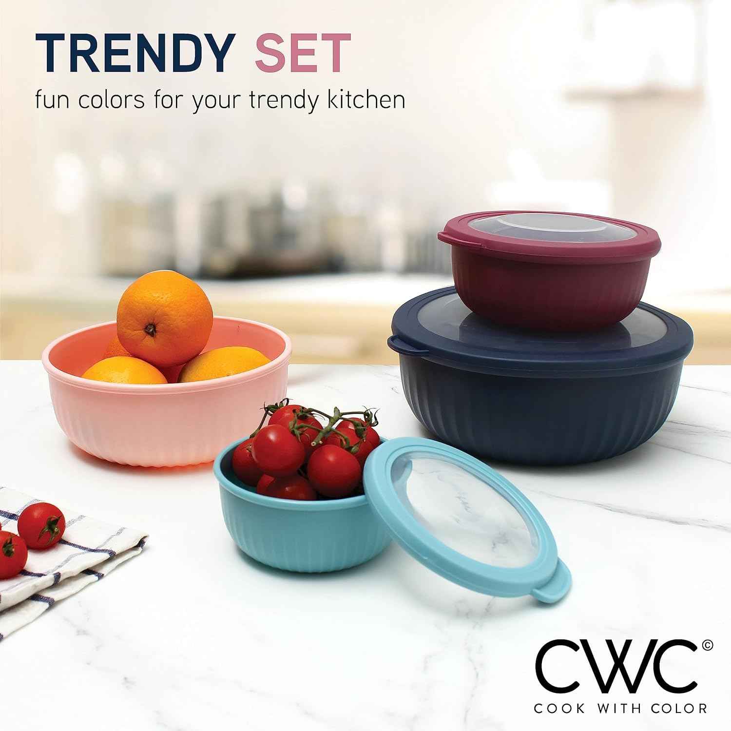 COOK WITH COLOR Prep Bowls with Lids- Wide and Deep Nesting Plastic Small Mixing Bowl Set with Lids, 8 Piece Set - Wide Bowls, Navy