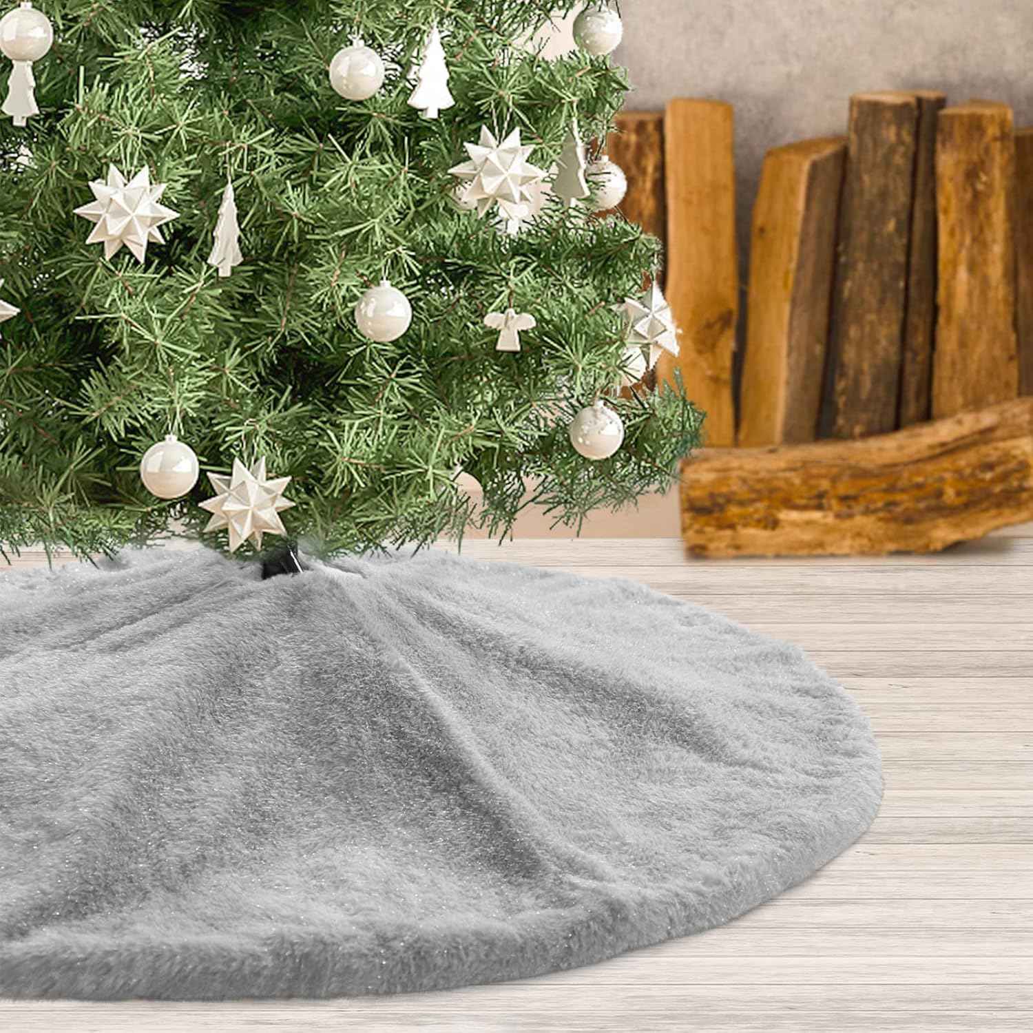 Grey Christmas Tree Plush Skirt 24 Inches Small Faux Fur Xmas Tree Skirt Base Cover Mat with Shiny Streamers for Christmas Tree Holiday Home Party Decorations - 60cm