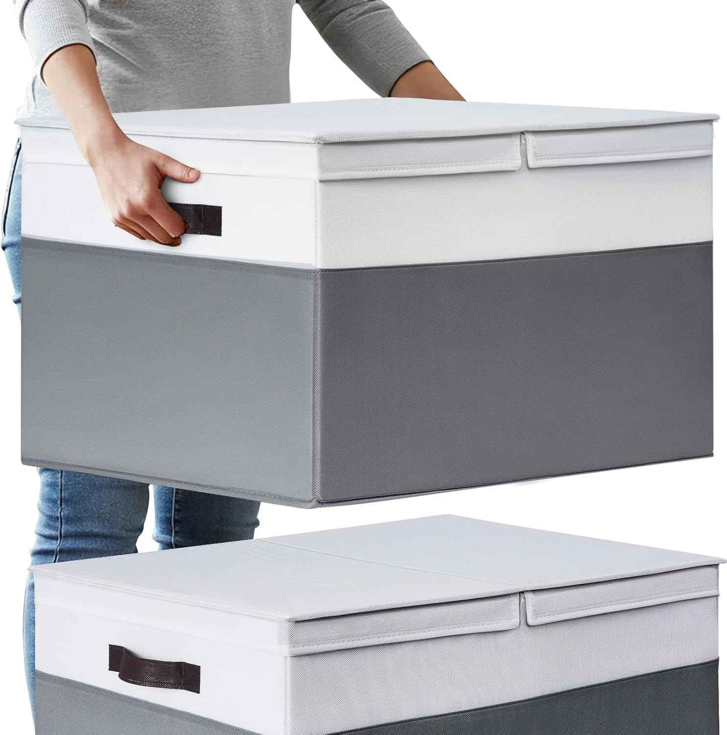 2 Pack EXTRA LARGE Blanket Storage Baskets with Lids, 22”x16”x12” Closet Organizers Bins for Clothes Towel/ Storage Box with Lid Handles/ Stackable Decorative Fabric Bins for Living Room, Nursery