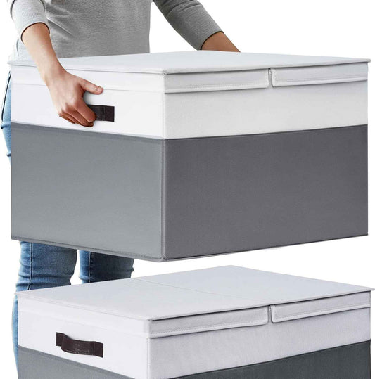 2 Pack EXTRA LARGE Blanket Storage Baskets with Lids, 22”x16”x12” Closet Organizers Bins for Clothes Towel/ Storage Box with Lid Handles/ Stackable Decorative Fabric Bins for Living Room, Nursery