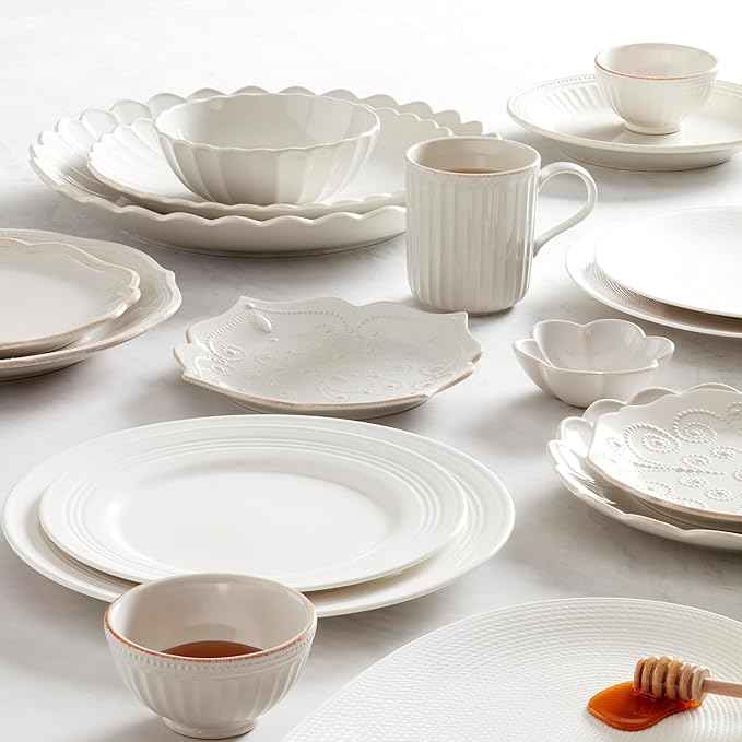 Lenox Dinnerware Set, French Perle Scallop 4-Piece Place Setting, Service For 1, Dinnerware Set, Stoneware, Includes Plates, Bowl, and Mug, Dishwasher And Microwave Safe, Dish Set (White, 4 Piece)
