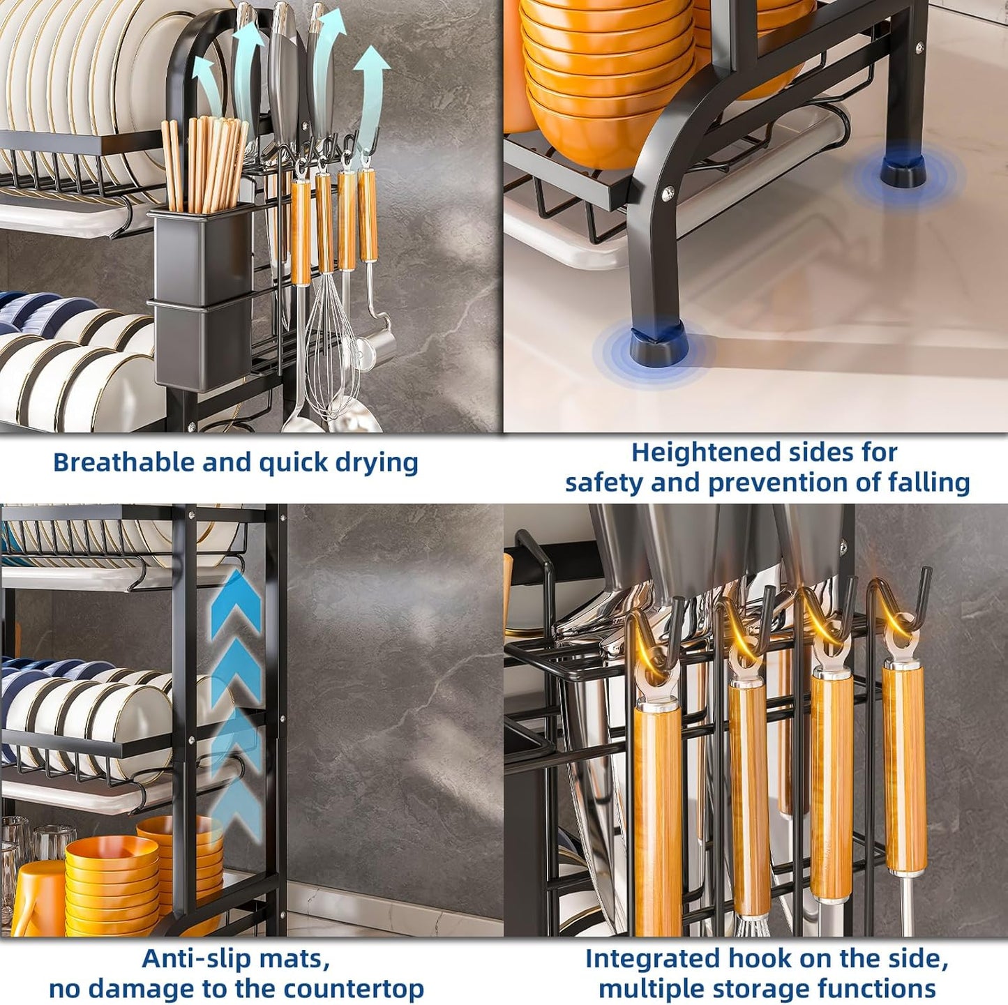 Dish Drying Rack 3 Tier Large Capacity Kitchen Dish Draining Rack Countertop Cultery Drainer with Drip Tray