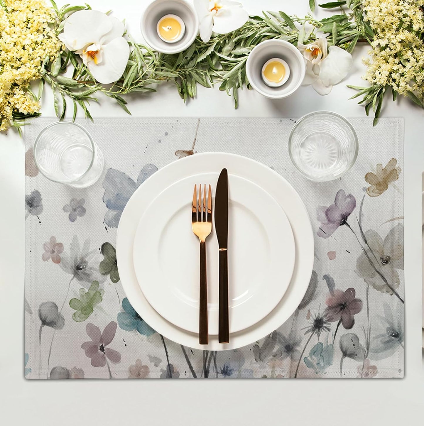 Flower Placemats Set of 4 Brown Cream Grey Poppy Flowers Table Mats Watercolor Rustic Vintage Floral Place Mat Farmhouse Linen Fabric Placemat for Party Kitchen Dining Outdoor Indoor Decor 12x18 Inch