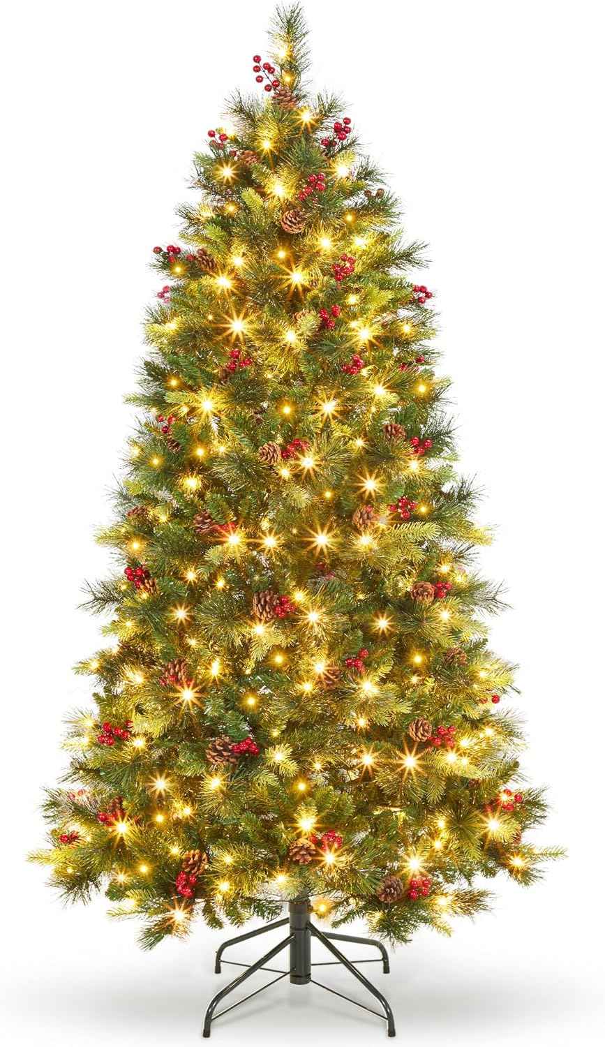 6 Ft Pre-lit Artificial Christmas Tree,Spruce Prelit Christmas Trees for Home,Office,Party Thickened PE&PVC Branch Tips & UL Listed Lights Incandescent Warm White,Fire-Resistant Automatic Branches