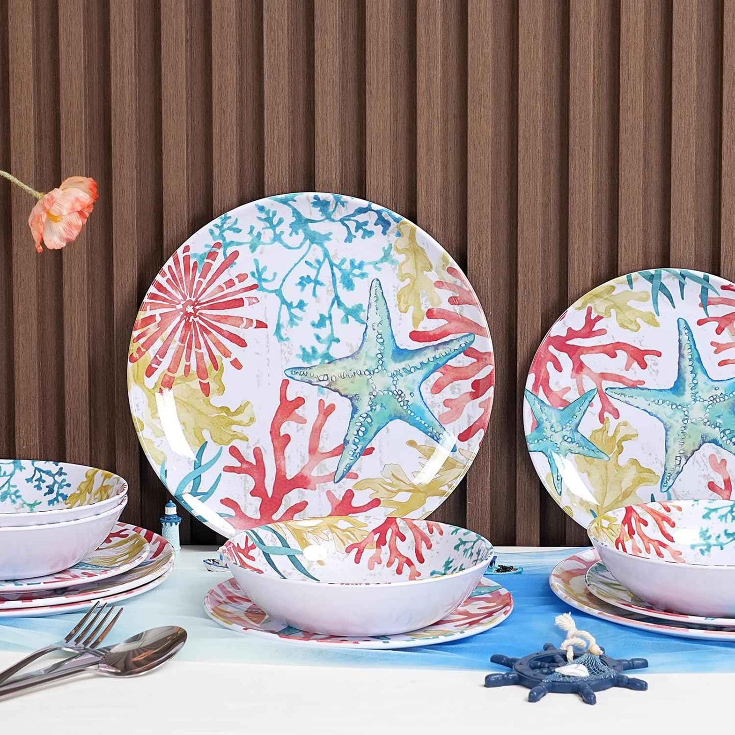 Melamine Dinnerware Set for 4 – 12-Piece Starfish Coral Design Plates and Bowls, Ocean Dishes set, Unbreakable Dinner Set for Indoor Outdoor Use, Dishwasher Safe, Coastal Beach Theme Tableware