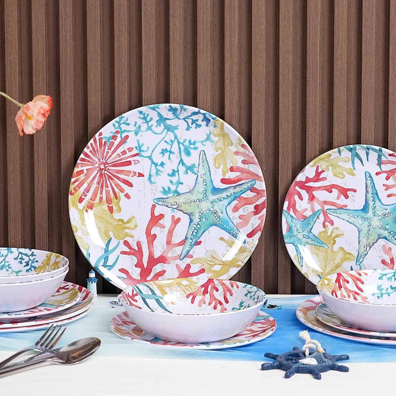 Melamine Dinnerware Set for 4 – 12-Piece Starfish Coral Design Plates and Bowls, Ocean Dishes set, Unbreakable Dinner Set for Indoor Outdoor Use, Dishwasher Safe, Coastal Beach Theme Tableware