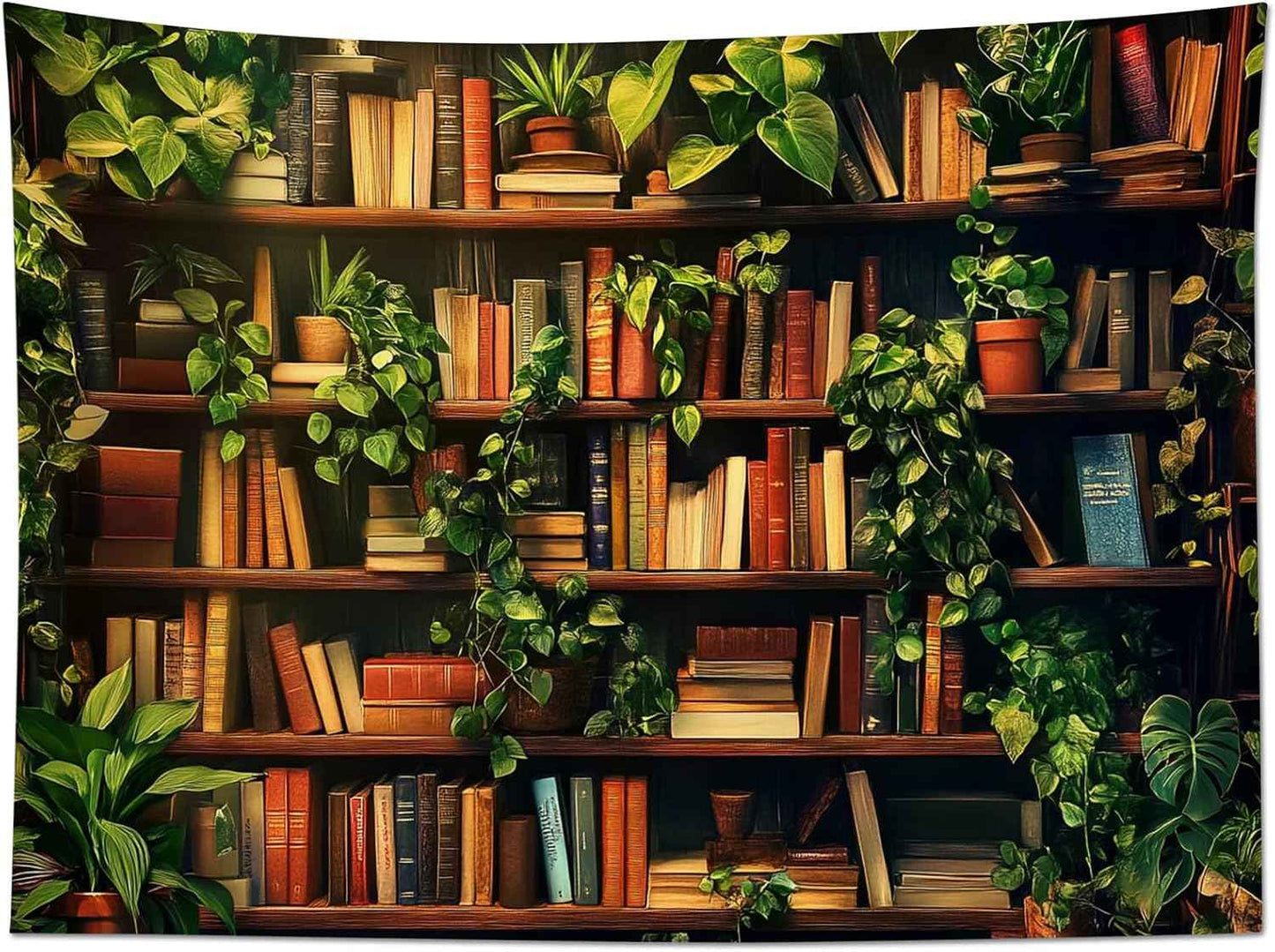 HVEST Botanical Bookshelf Tapestry Wall Hanging Book Shelf Green Plant Tapestry for Bedroom Vintage Retro Library Book Wall Art Tapestries for Living Room College Dorm Party, 40L X 60W inches