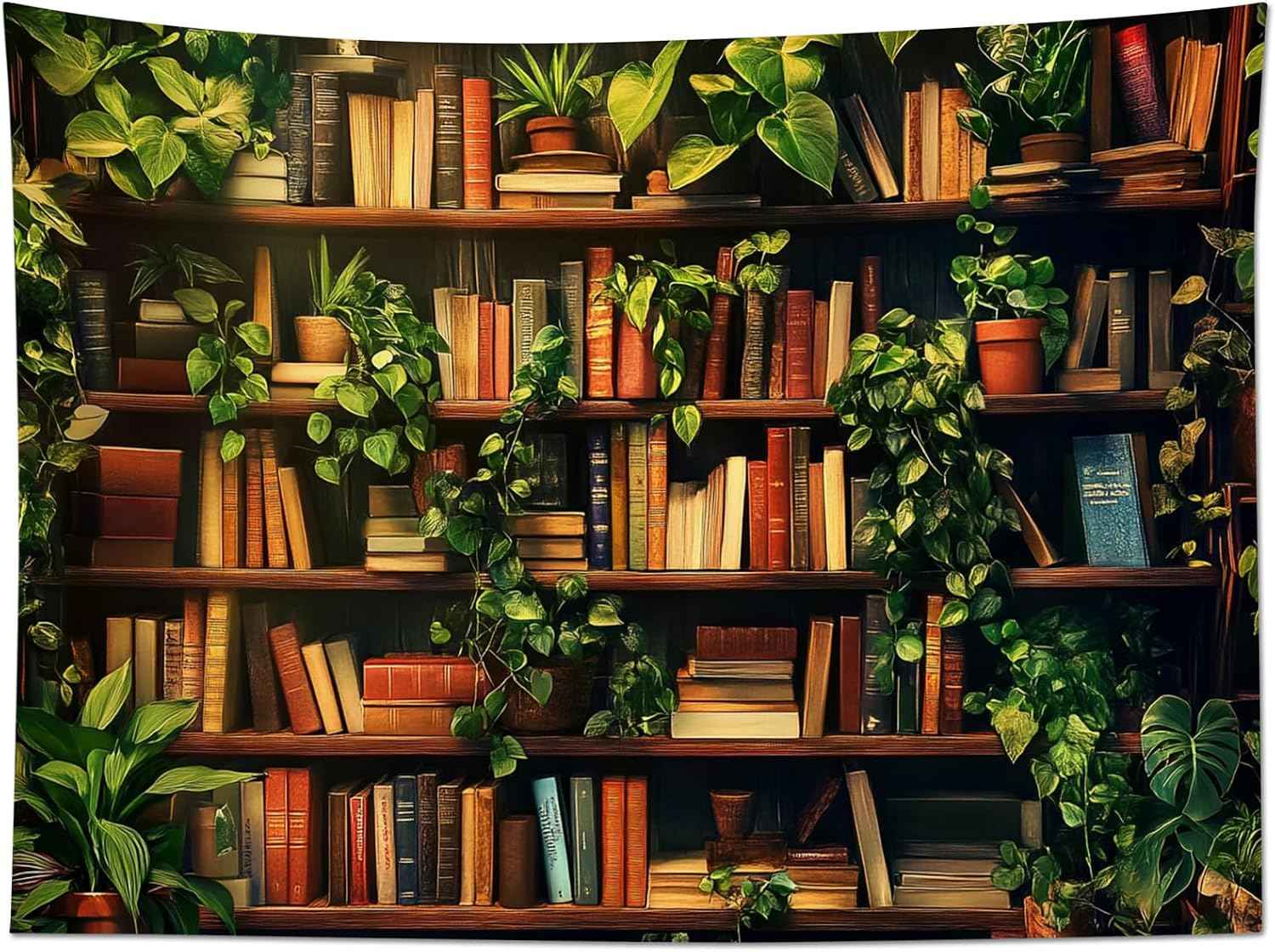 HVEST Botanical Bookshelf Tapestry Wall Hanging Book Shelf Green Plant Tapestry for Bedroom Vintage Retro Library Book Wall Art Tapestries for Living Room College Dorm Party, 40L X 60W inches
