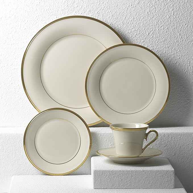 Lenox Dinnerware Set, Eternal 5-Piece Place Setting, 24-Karat Gold Accents Set, Service for 1, Made Of Ivory Porcelain, Dishwasher Safe, Plates, Cups And Saucers, Home And Kitchen (Ivory, 5 Pcs)