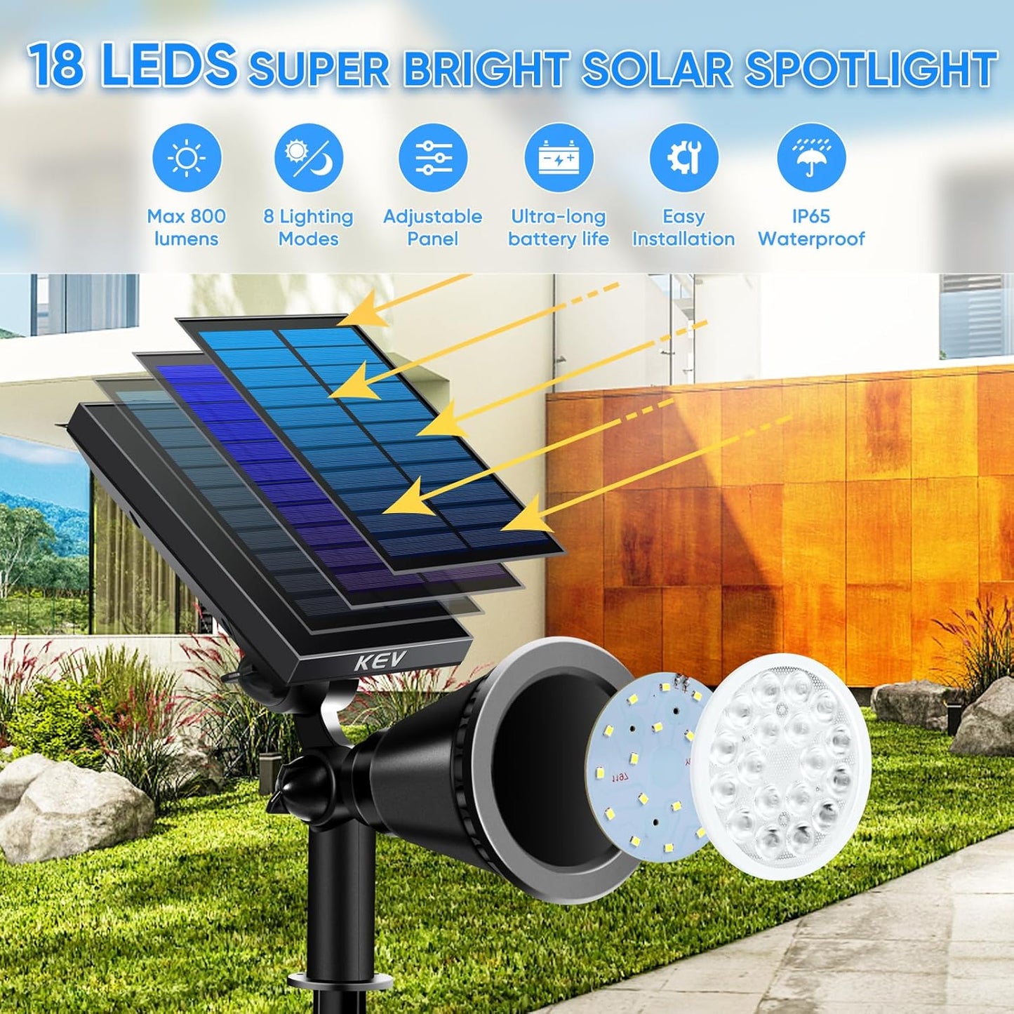 KEV 800 Lumens Solar Spot Lights Outdoor,18 LEDs Solar Flood Lights with 2 Modes &Adjustable &IPX65 Waterproof,Solar Spotlight for Driveway/Backyard/Patio Landscape/Tree/Garage(Cool White, 4 Pack)