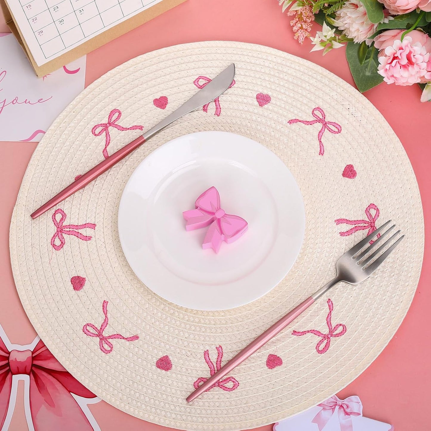 Whaline 4Pcs Round Placemats White Pink Bow Embroidered Place Mats Coquette Bowknot Heart Dinner Table Mats for Home Wedding Baby Shower Birthday Party Decor