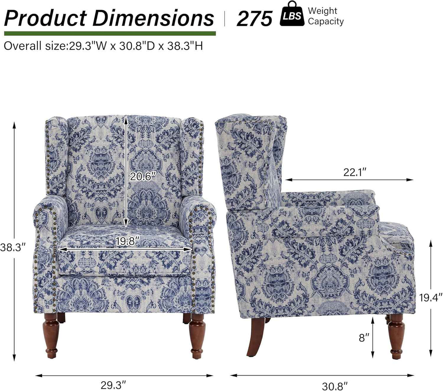 Floral High Back Accent Chair, Upholstered Armchair with Solid Wood Legs, Comfy Wingback Reading Single Sofa Chair for Small Spaces, Living Room, Bedroom(Floral Navy Blue, Set of 1)