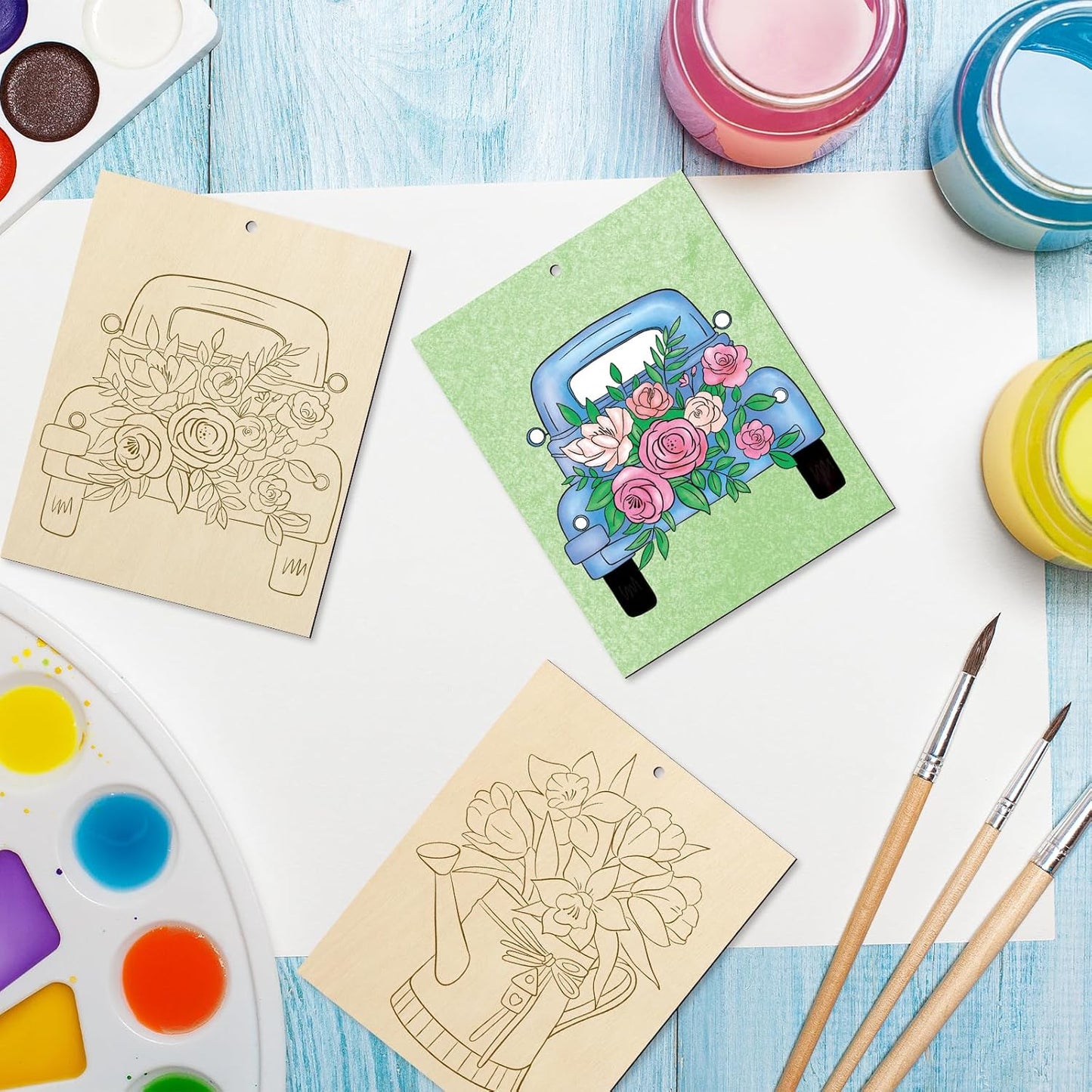 COCHIE 10 Pieces Large Spring Unfinished Wood Crafts to Paint for Adults and Kids, Bulk Predrilled Wooden Ornaments for Painting, Tulips Flowers Paintable Wood Slices Craft Supplies with Ropes