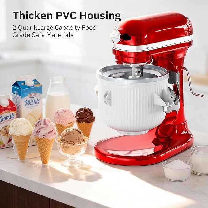 Ice Cream Maker Attachment for KitchenAid Stand Mixer, Ice Cream Bowl Compatible with 4.5Qt and Larger Stand Mixers, Ice Cream & Sorbet Gelato Maker Attachment, 2 Quart, White, With lid