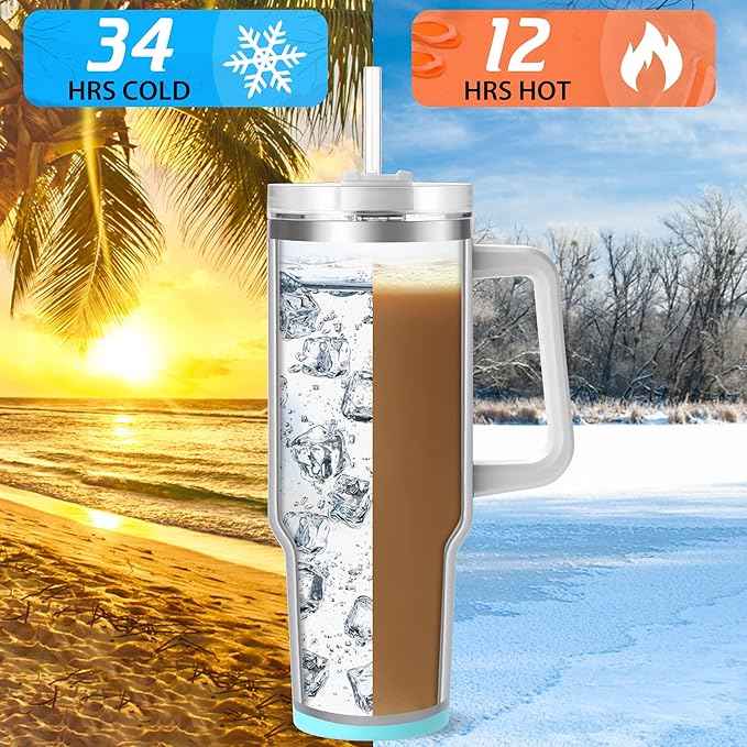 TaroKitc 40 oz Tumbler with Handle | Stainless Steel Insulated Travel Mug with Lids and Straw | Iced Coffee Cup | Keeps Cold for 34 Hours | Dishwasher Safe, BPA Free | Clear Sky