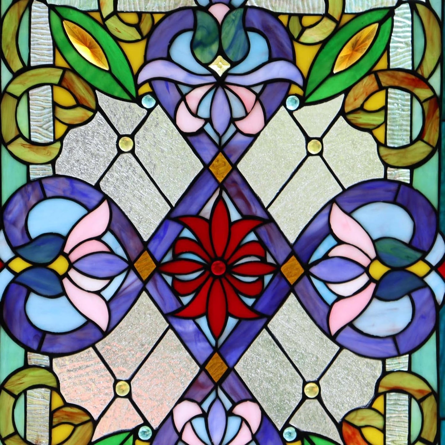 Bieye W10028 Victorian Tiffany Style Stained Glass Window Panel with Chain, Rectangular Shape, 18" W x 25" H