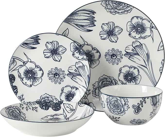 Gibson Home Westerly Court 16-Piece Dinnerware Set, Blue Floral Stoneware Plates & Bowls, Service for 4, Round Durable Everyday Dish Set
