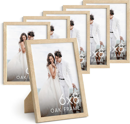 HAUS AND HUES 6x8 Natural Oak Wooden Picture Frame - Set of 6 6x8 Poster Frame - Premium Oak, Vertical Hang, Shatterproof Plexiglass - Ideal for Home, Room, Office (6x8-inch, Natural, Set of 6)