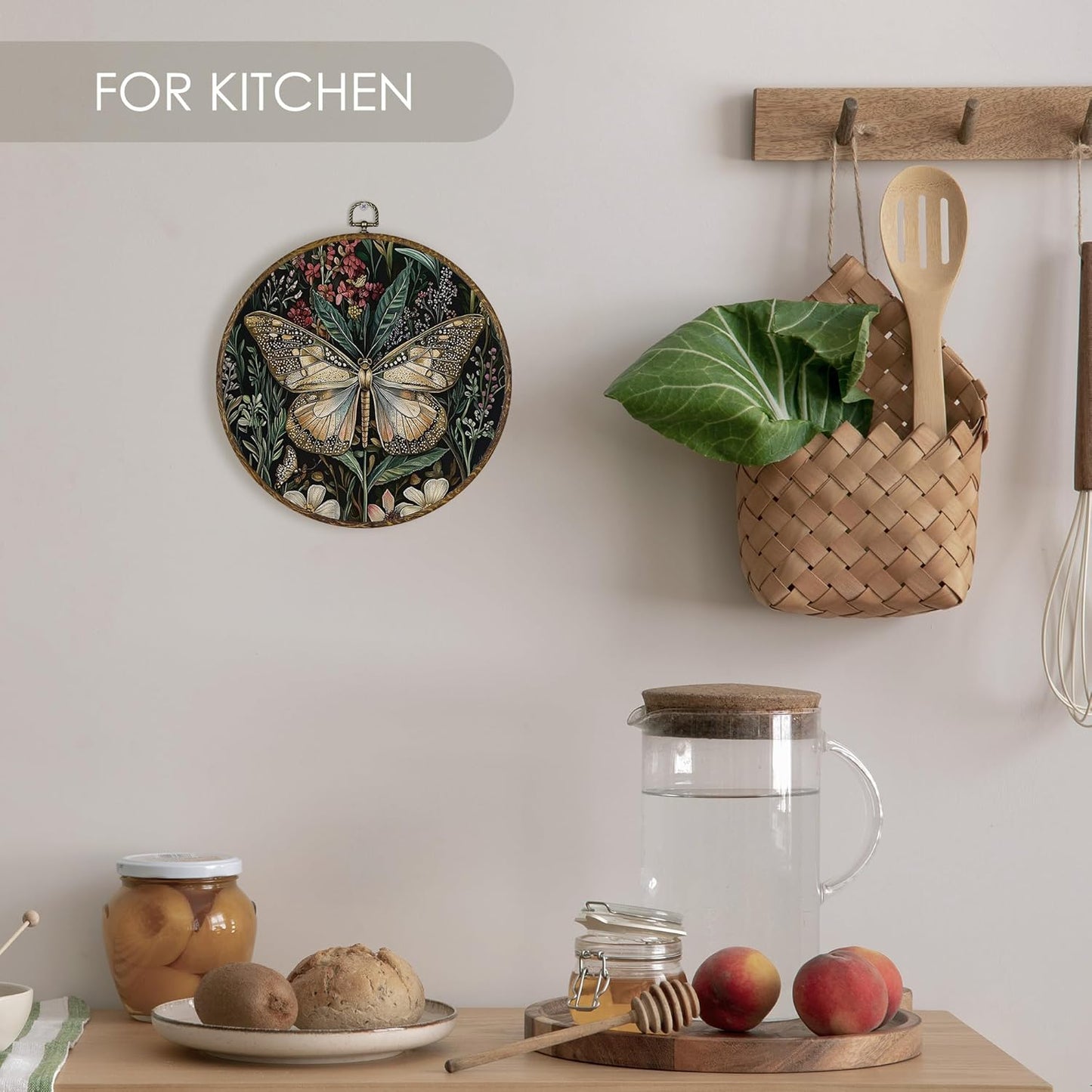 Fewgb Vintage Dark Moody Butterfly Round Wall Art Decor Framed for Bedroom Kitchen, Dark Cottagecore Academia Canvas Wall Art Prints Picture, Gothic Botanical Hanging Room Decor Artwork 10x10