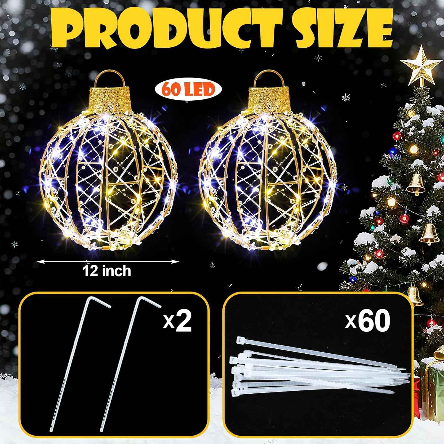 Mudder 2 Pack Christmas Light Balls Outdoor Sphere Lights 12" Hanging LED Holiday Ornaments with 120 Warm and White Lights Waterproof Large Christmas Balls for Outdoor Porch Patio Xmas Decor