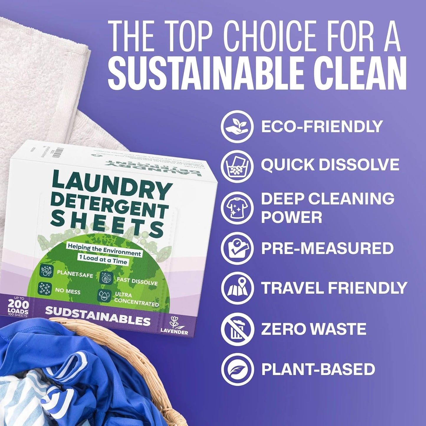 Sudstainables Laundry Detergent Sheets (200 Loads) – Eco-Friendly, Plastic-Free, Zero Waste, Laundry Washing Machines Soap Sheets; Dissolvable, Space-Saving Strips for Travel (Lavender)