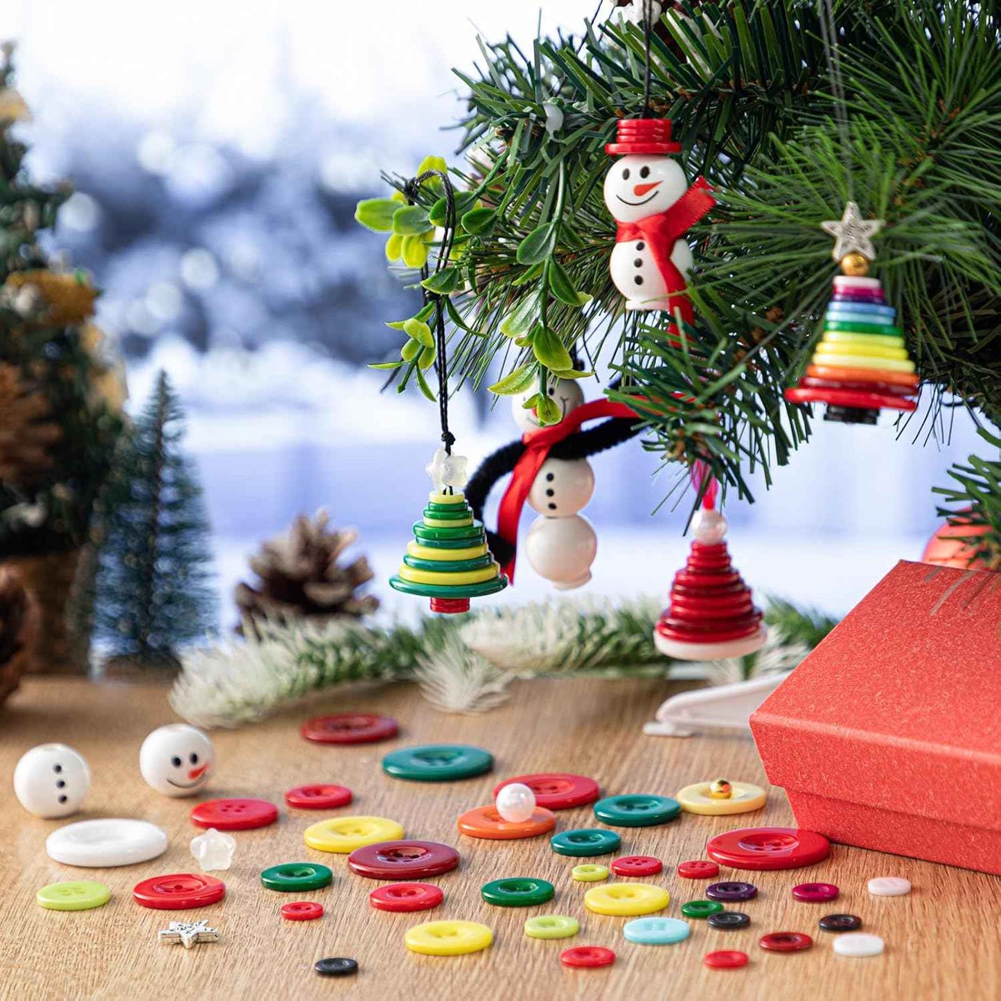 Soulchen 15 Sets Button Christmas Ornament Kit Christmas Tree Crafts Button Snowman Santa Hat DIY Colorful Hanging Ornament Kit for Holiday Decoration Xmas Party Supplies Favors Gifts