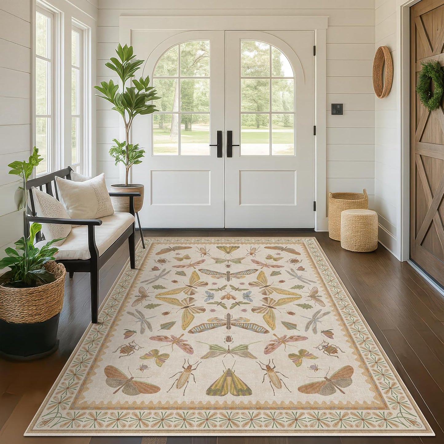Washable Neutral Area Rug Living Room, 5x8 Washable Rugs for Bedroom Under Bed, Nursery Room, Boho Vintage Insect Butterfly Non-Slip Low Pile Stain Resistant - Beige/Yellow