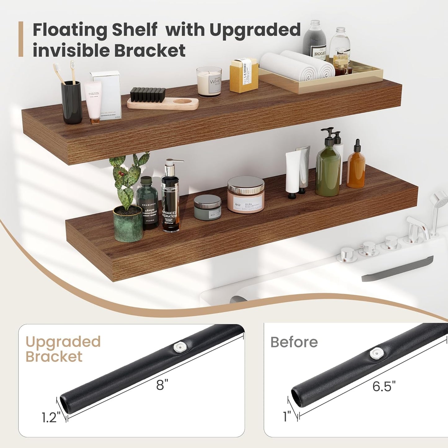 Heimlove 24 x 12 Inch Deep Floating Shelves Wall Mounted with Invisible Brackets,Storage Hanging Shelf for Wall Decor in Bathroom, Bedroom, Toilet, Kitchen, Living Room, Office Set of 2 (Walnut)