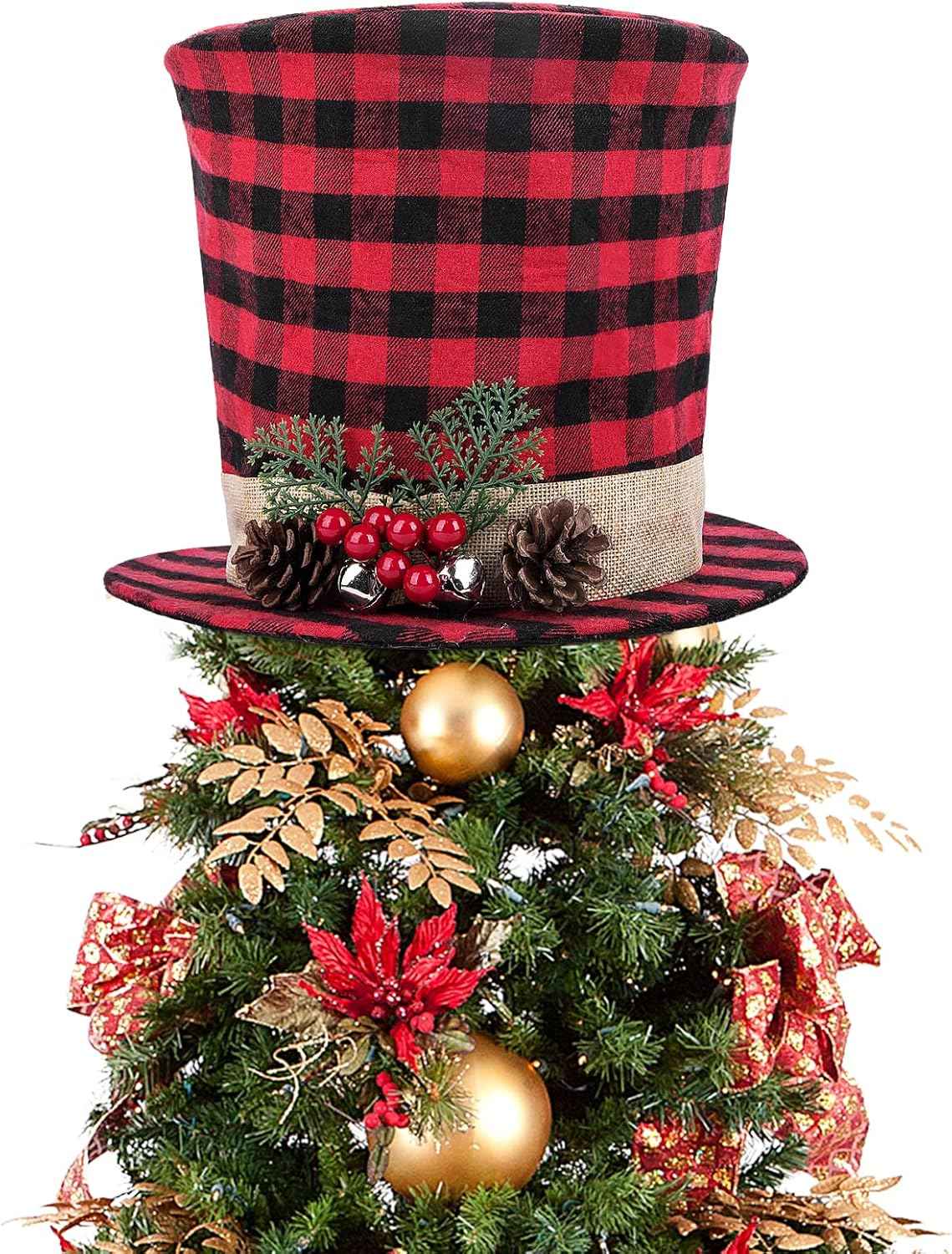 codree Christmas Tree Topper Top Hat - Red and Black Buffalo Plaid Top Hat with Pinecone Berry Bell-Christmas Tree Topper Fabric Top Hat for Winter Holiday Xmas Tree Decor