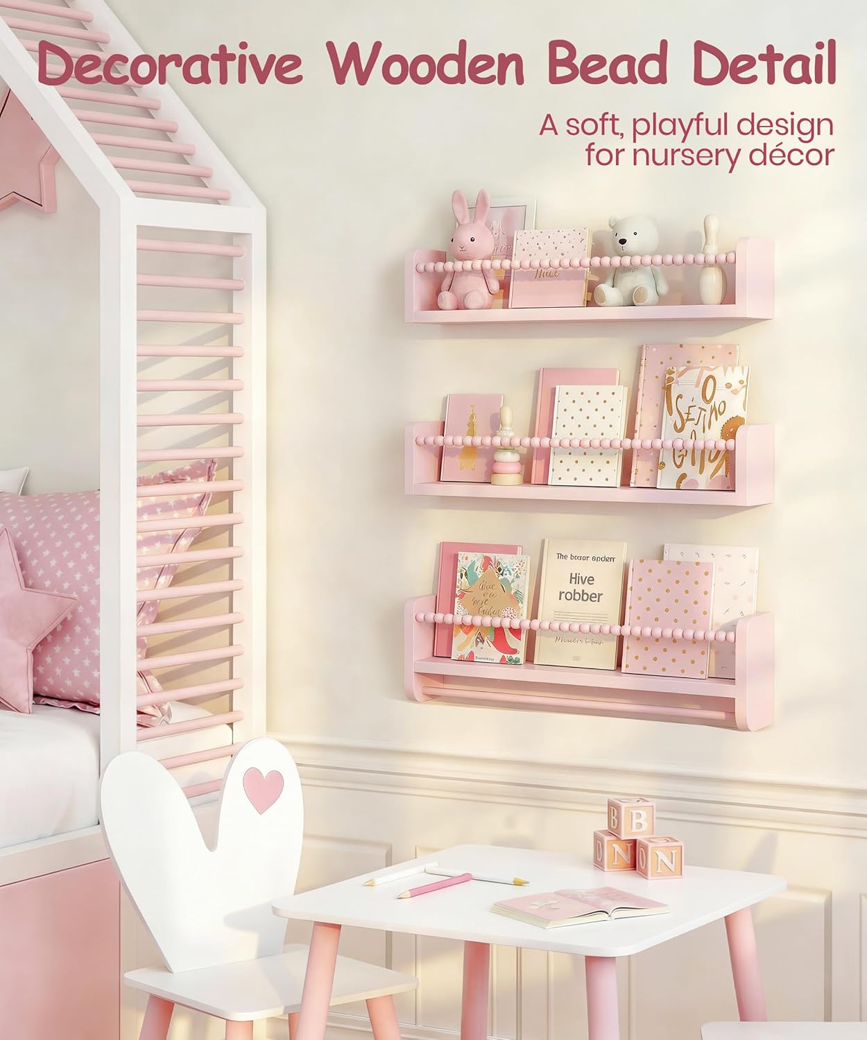 Nursery Book Shelves for Wall Set of 3, Pink Natural Wood Bookshelf Wall Decor, Small Floating Shelf Organizer for Kids Room, Bedroom, Kitchen Spice Rack