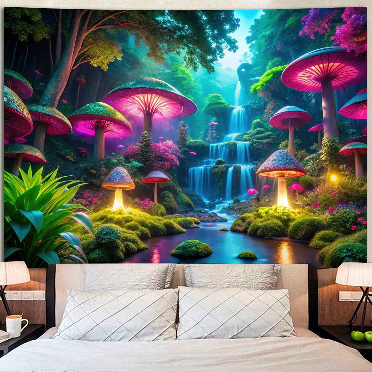 Miytal Blacklight Fantasy Mushroom Waterfall Tapestry – UV Reactive Neon Forest Wall Hanging, Glow in the Dark Nature Art Décor for Bedroom, Living Room - 59.1" x 80"