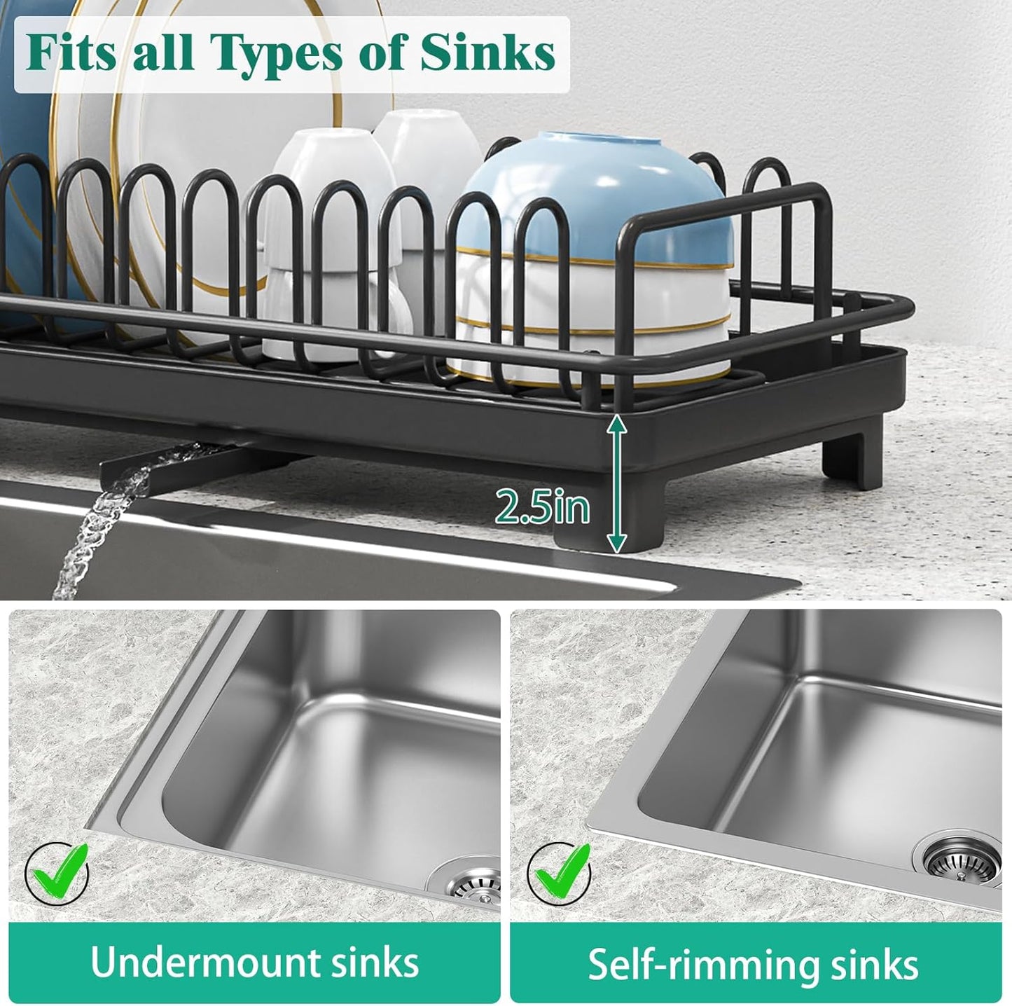 XYZLVSI Small Sink Dish Drying Rack with Drainboard, Compact Dish Drainer for Kitchen Countertop, Rustproof Plate Organizer with Utensil Holder, Black