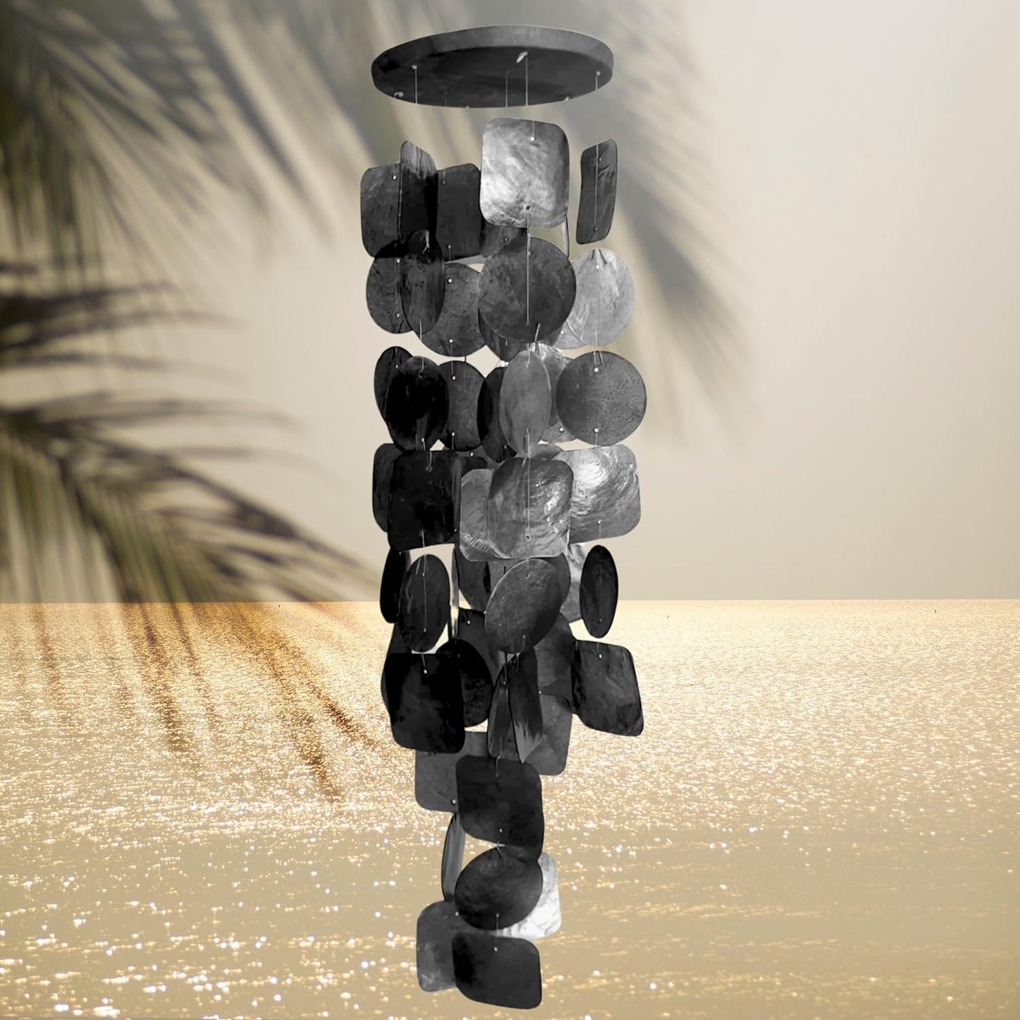 Bellaa 24995 Wind Chimes Outdoor, Garden Decorations, Musical, Indoor/Outside Windchimes, Beach, Ocean Breeze, Gifts for Mom, Gift for All Occasions, Capiz Sea Glass Shells Wood 27 inch Black