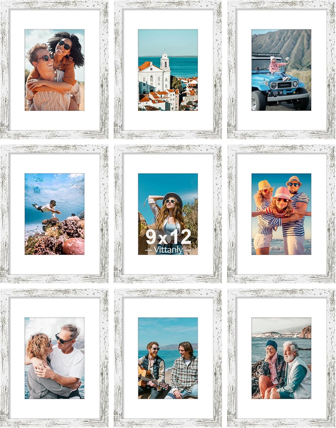 Vittanly 9x12 Picture Frames Set of 9, Shatter Resistant Plexiglass, Display 6x8 Pictures with Mat or 9x12 without Mat, Photo Frames for Wall or Tabletop, Engineered Wood, Distressed White