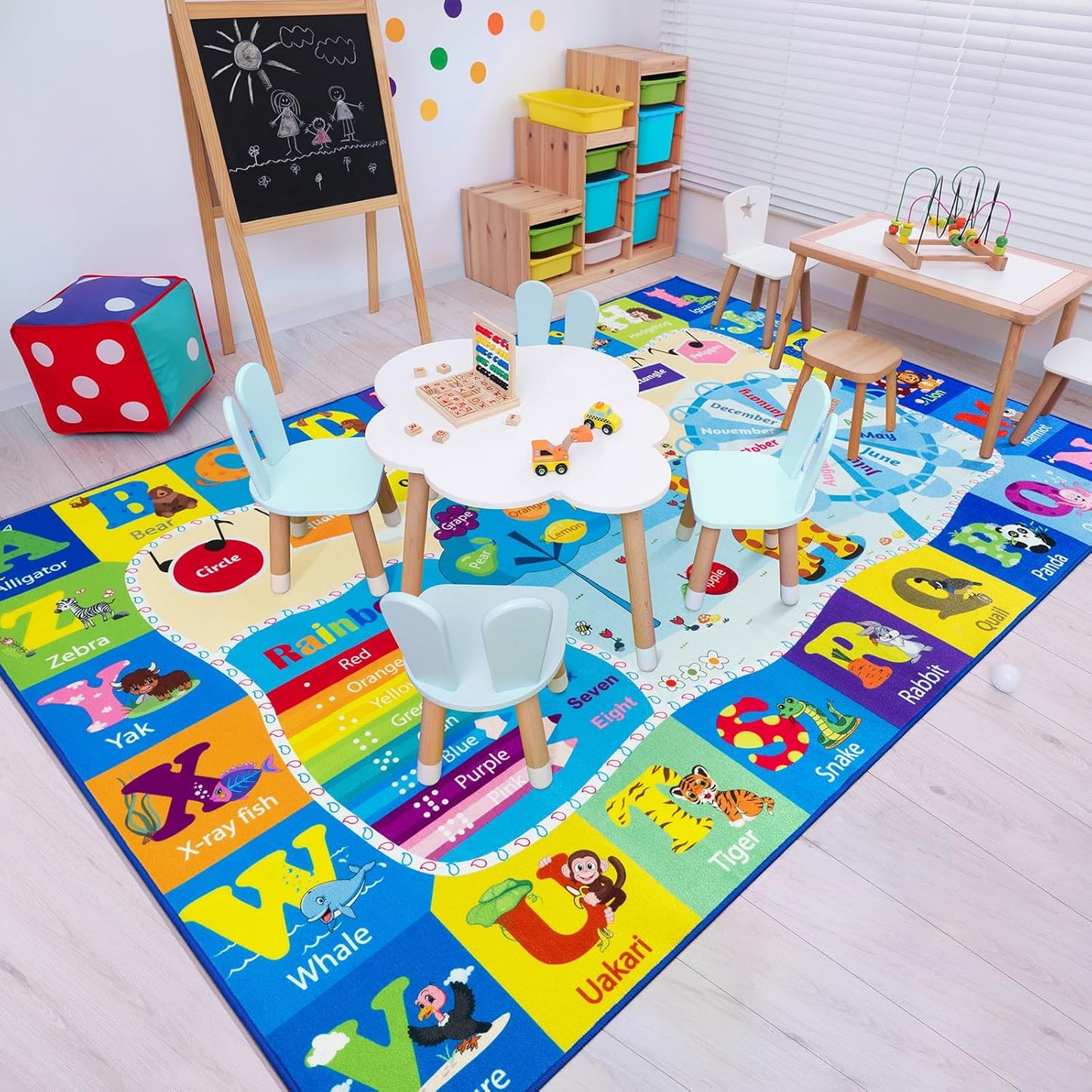 4x6 Playroom Rugs for Kids Washable, Educational and Fun Playmat with ABC Alphabet Animals Shapes Colors, Non-Slip Play Mat Learning Rugs for Baby Toddler Children Game Activity, Blue