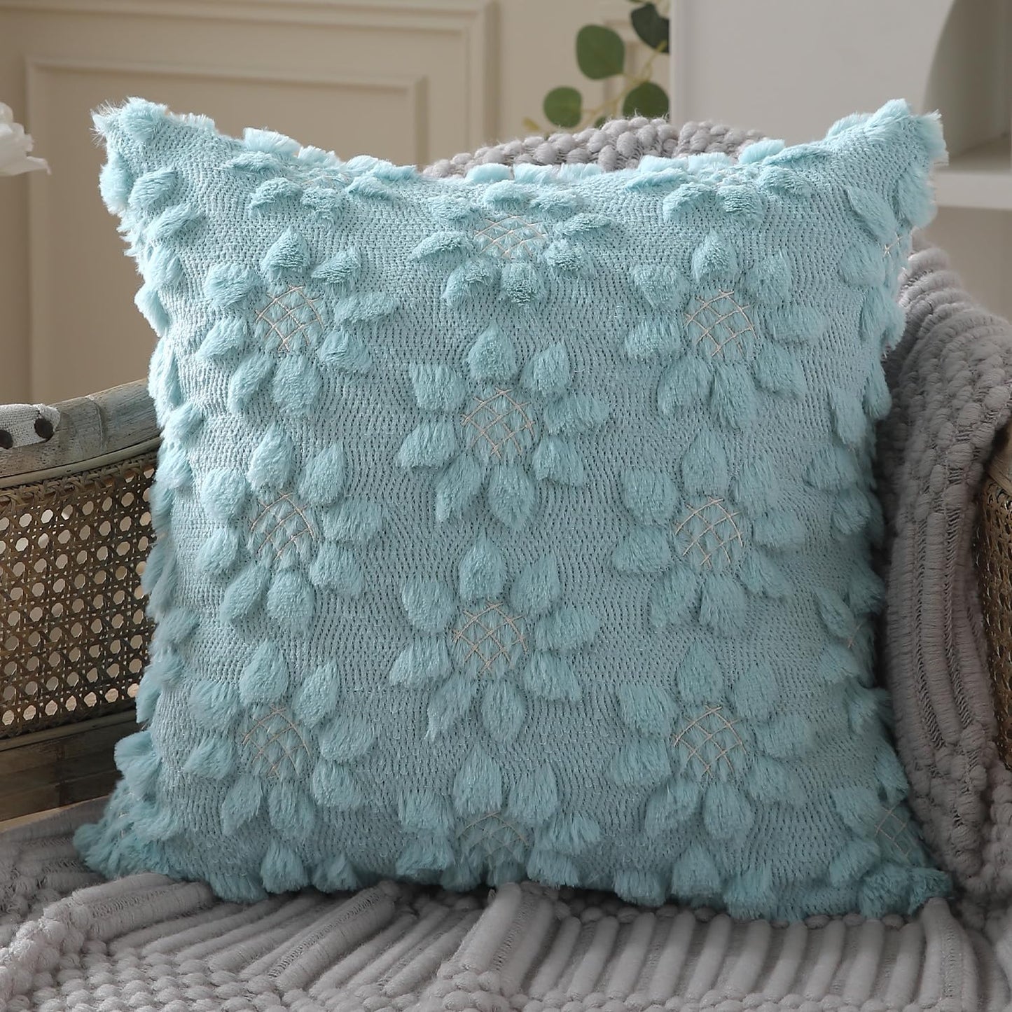 DFXSZ Spring Summer Pillow Covers 20x20 inch Set of 2 Farmhouse Decor White Flower Heart Sunflower Blue Soft Plush Faux Fur Jacquard Throw Pillows for Sofa Holiday Spring Home Decor PTK024G20