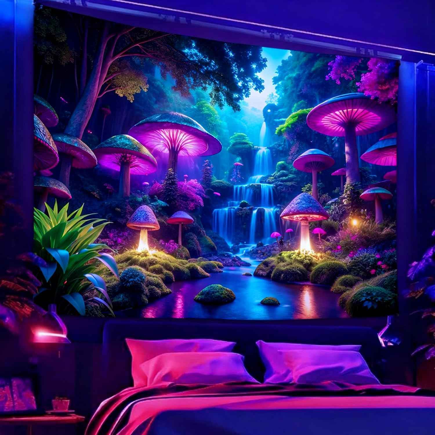 Miytal Blacklight Fantasy Mushroom Waterfall Tapestry – UV Reactive Neon Forest Wall Hanging, Glow in the Dark Nature Art Décor for Bedroom, Living Room - 59.1" x 80"