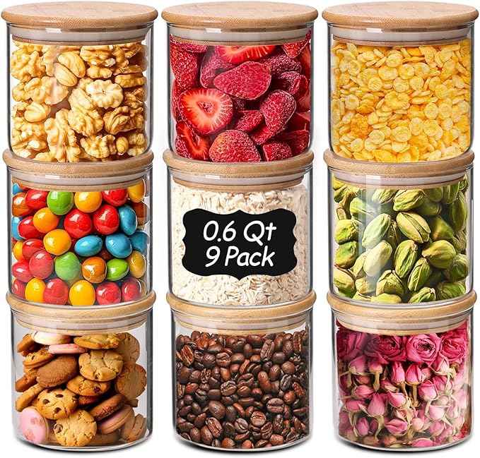 ComSaf 0.6 Qt Glass Food Storage Jars Set of 9, Clear Glass Storage Containers with Lids, Pantry Organization Jar, Spice, Blooming Tea, Oat, Coffee and Sugar Container, Small Canister Set for Kitchen