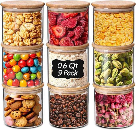 ComSaf 0.6 Qt Glass Food Storage Jars Set of 9, Clear Glass Storage Containers with Lids, Pantry Organization Jar, Spice, Blooming Tea, Oat, Coffee and Sugar Container, Small Canister Set for Kitchen