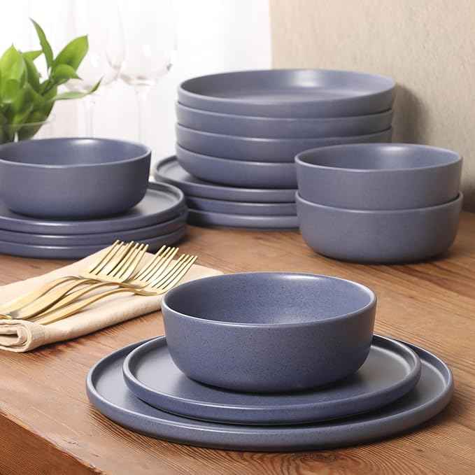 Gibson Elite Bayou Moon Plates and Bowls Sets, 16-Piece Blue Matte Stoneware Dinnerware Sets, Solid Color Reactive Glaze Dish Set