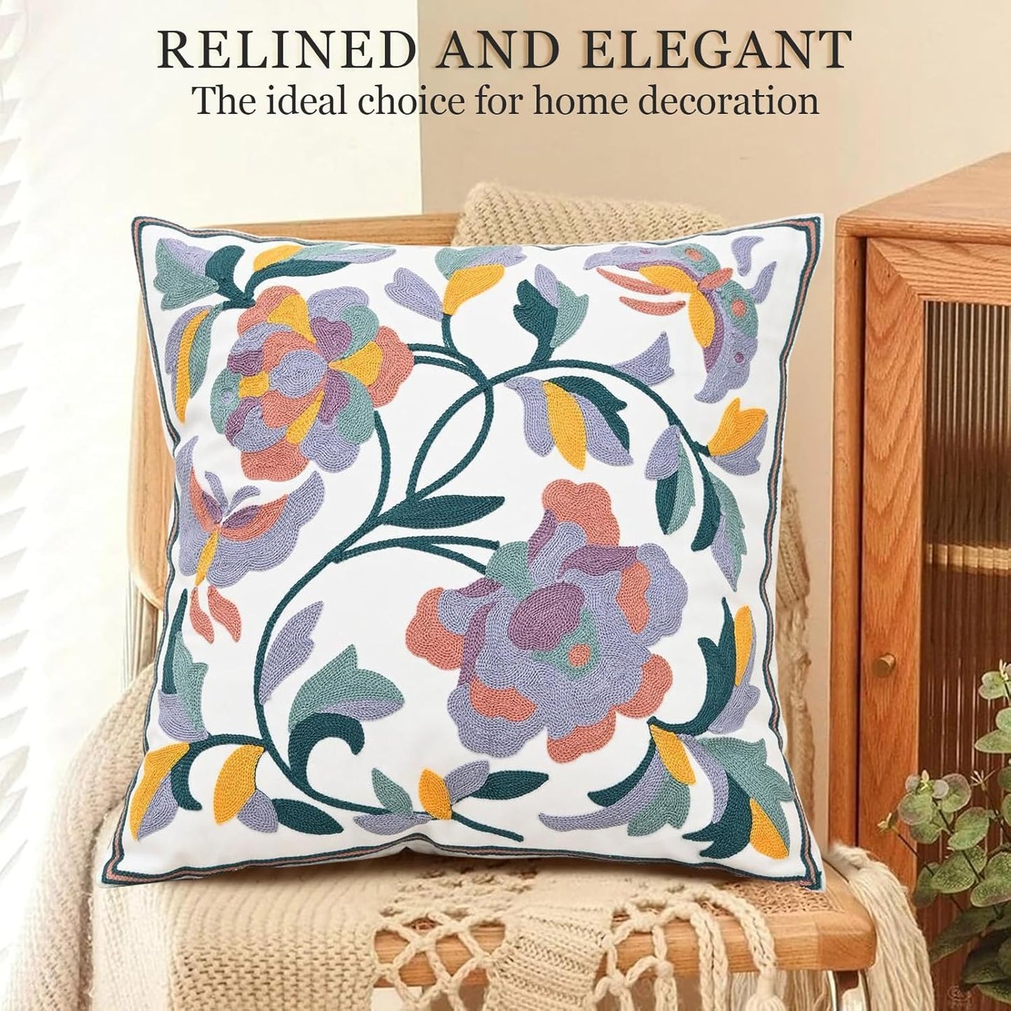 Embroidered Flower Pillow Cover Farmhouse Soft Pillowcase Aesthetic Design Woven Cushion Cover for Sofa Living Room Bed Purple Floral