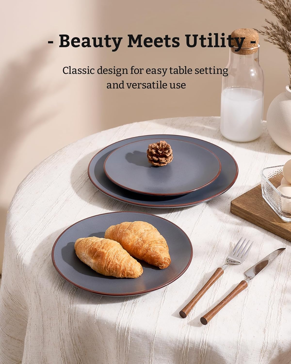 Famiware Venus Ceramic Plates and Bowls Sets, Speckled Dinnerware Dish Sets for 8 (24 Pieces) - Microwave and Dishwasher Safe, Matte Charcoal