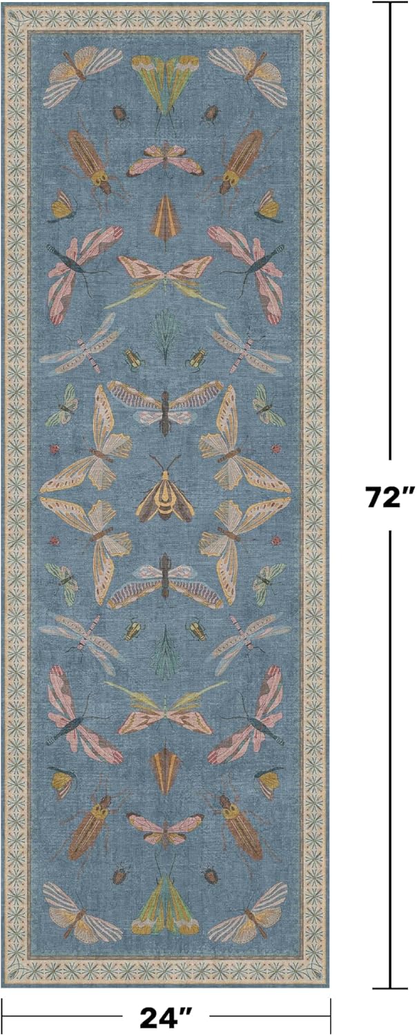 Boho Non Slip Kitchen Rug Runner - 2x6 Blue Washable Rug for Bathroom, Laundry Room, Hallway, Non Slip with Rubber Backing, Insect Print Unique Runner